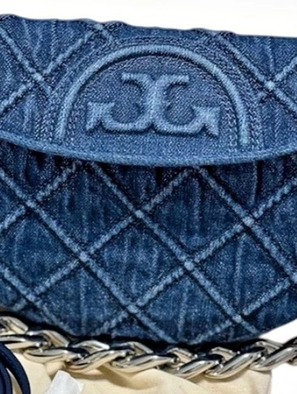 Tory Burch Fleming Soft Denim Mini Crescent Bag Blue Silver Chain Strap - Picture 3 of 6
